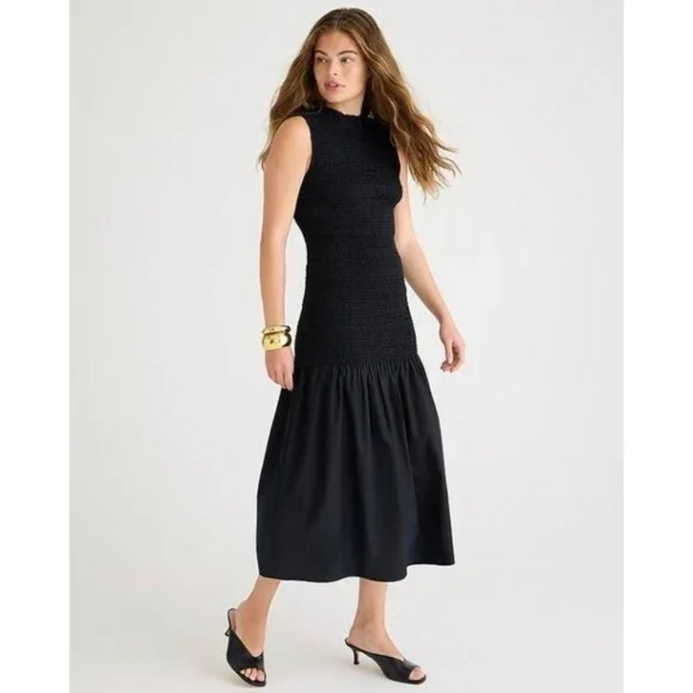 J Crew Smocked Drop-waist Midi dress cotton poplin Black